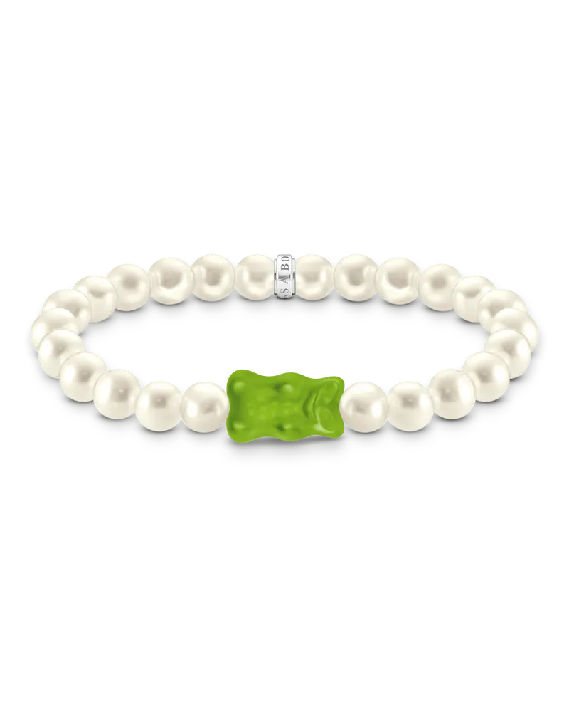Thomas Sabo Damen Perlenarmband mit grünem Goldbären Silber, Sterlingsilber / Glas Grün
