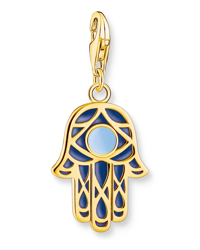 Thomas Sabo Damen Charm-Anhänger Fatima's Hand mit Kaltemaille vergoldet, Sterlingsilber Gelbgold vergoldet, Charm Club Collection Dunkelblau