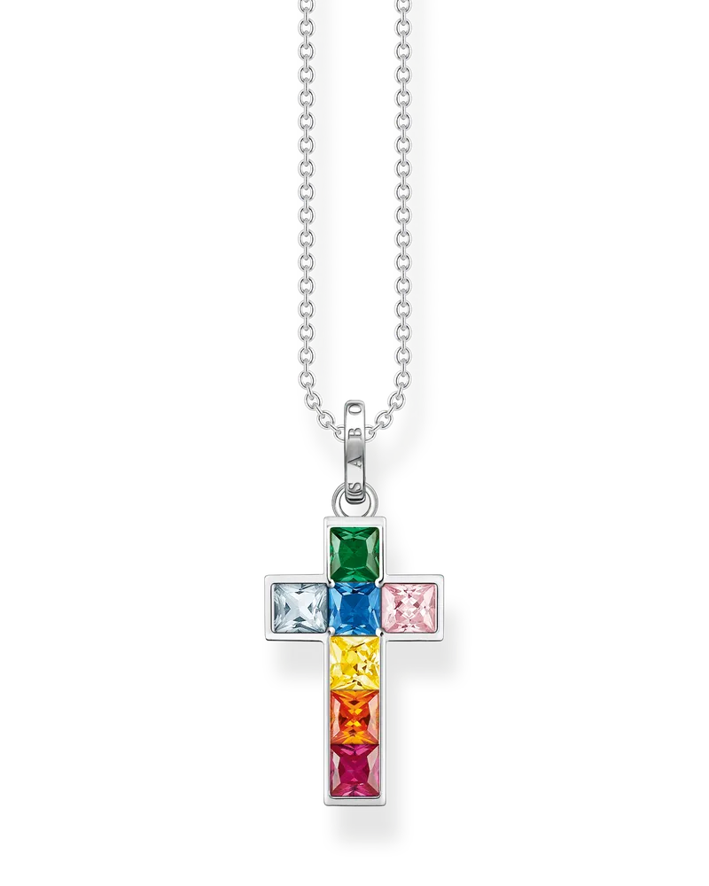 Thomas Sabo Damen Kette Kreuz mit bunten Steinen Silber, 925 Sterlingsilber/ Glas-Keramik Stein/ synthetischer Korund/ Zirkonia Blau
