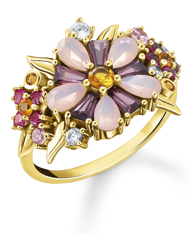 Thomas Sabo Damen Ring Blumen farbige Steine gold, 925 Sterlingsilber vergoldet Gelbgold/ Glas-Keramik Stein/ synthetischer Korund/ Zirkonia Gelbgoldfarben
