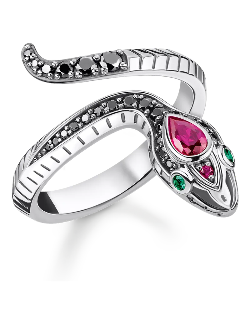 Thomas Sabo Damen Ring Schlange silber, 925 Sterlingsilber, geschwärzt/ Glas-Keramik Stein/ synthetischer Korund/ Zirkonia Grün