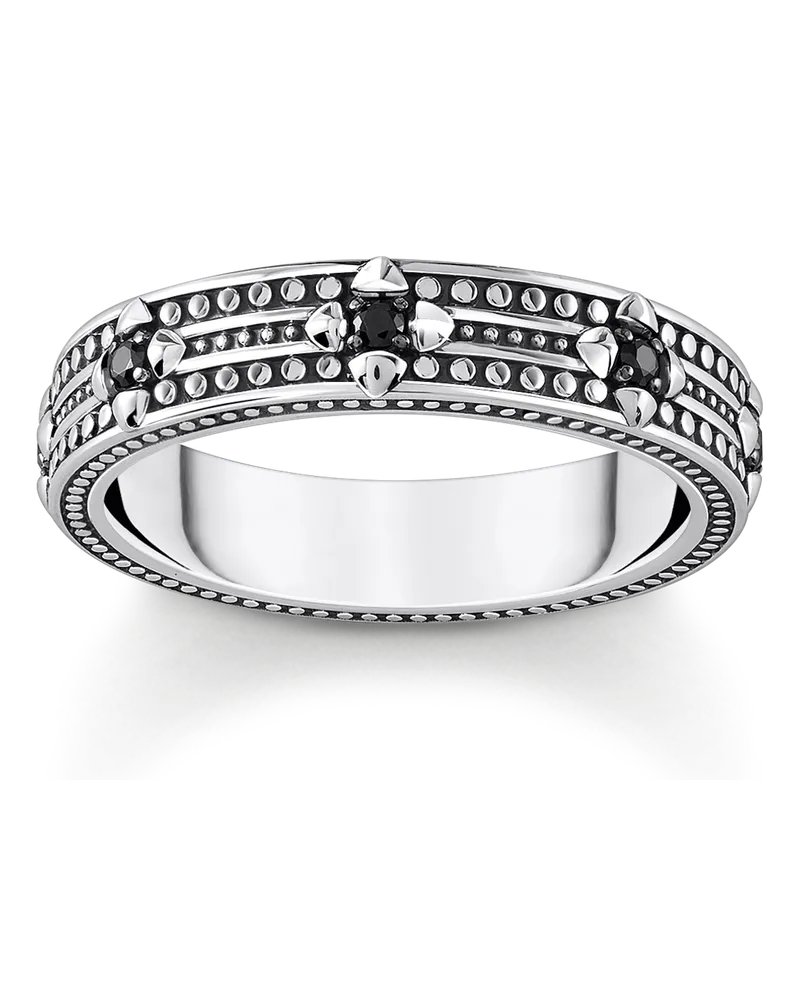 Thomas Sabo Herren Ring mit Muster und schwarzen Steinen Silber geschwärzt, Sterlingsilber Schwarz