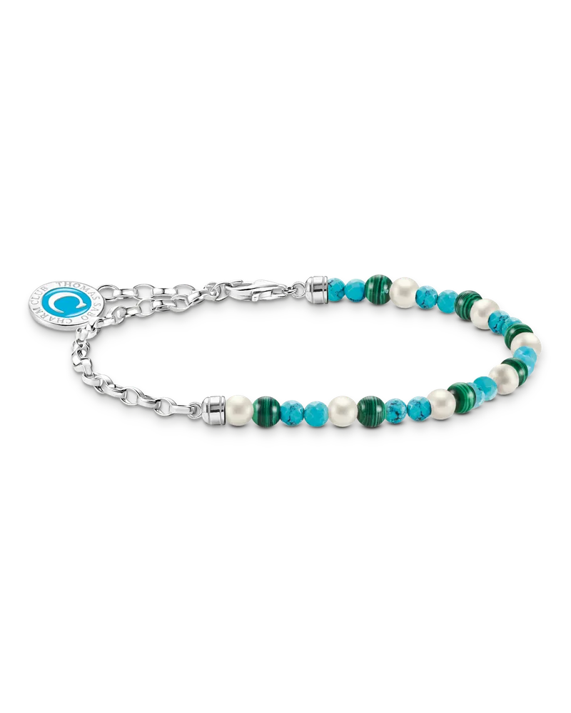 Thomas Sabo Damen Charm-Armband mit weißen Perlen, Malachit und Coin Silber, Sterlingsilber, Charm Club Collection Grün