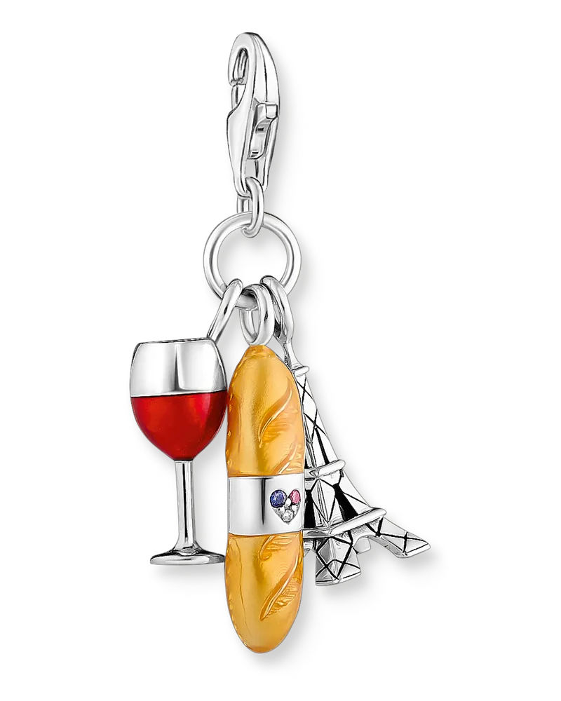 Thomas Sabo Damen Charm-Anhänger Rotweinglas, Baguette und Eiffelturm Silber, 925 Sterlingsilber geschwärzt/ Kaltemail/ synthetischer Korund/ Zirkonia, Charm Club Collection Beige