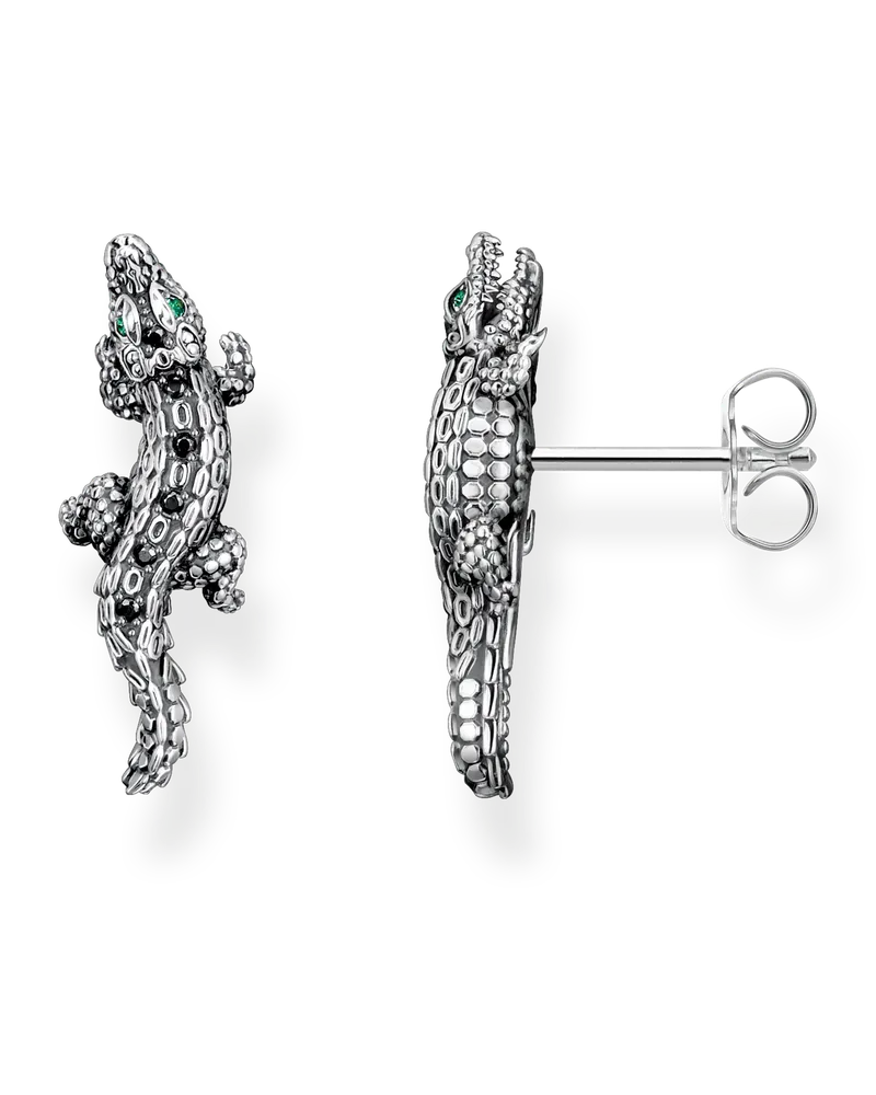 Thomas Sabo Herren Ohrstecker Krokodil mit schwarzen und grünen Steinen Silber geschwärzt, 925 Sterlingsilber geschwärzt/ Glas-Keramik Stein/ Zirkonia Grün