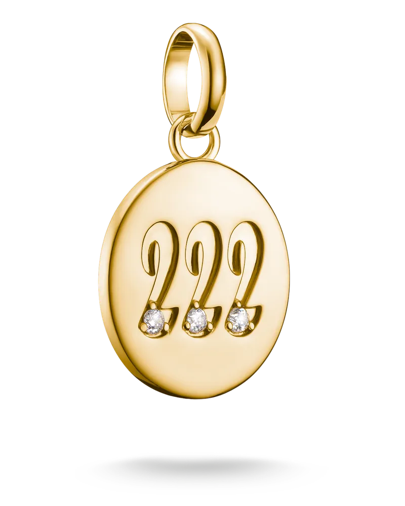 Thomas Sabo Damen Charm-Anhänger Engelzahl 222 mit Steinen Connect vergoldet mit Gravur, Sterlingsilber Gelbgold vergoldet Gelbgoldfarben