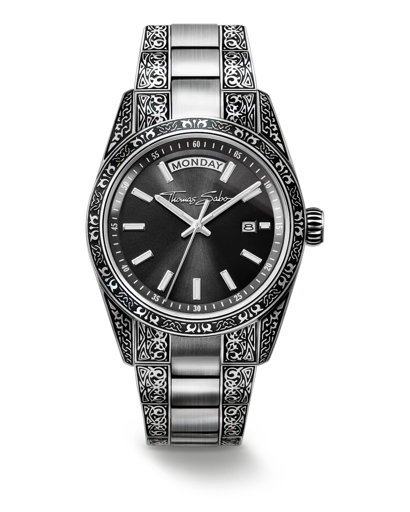 Thomas Sabo Herren Uhr Rebel at Heart Revive, 36mm Edelstahl, Schwarz, Gravurdesign, Edelstahl Schwarz