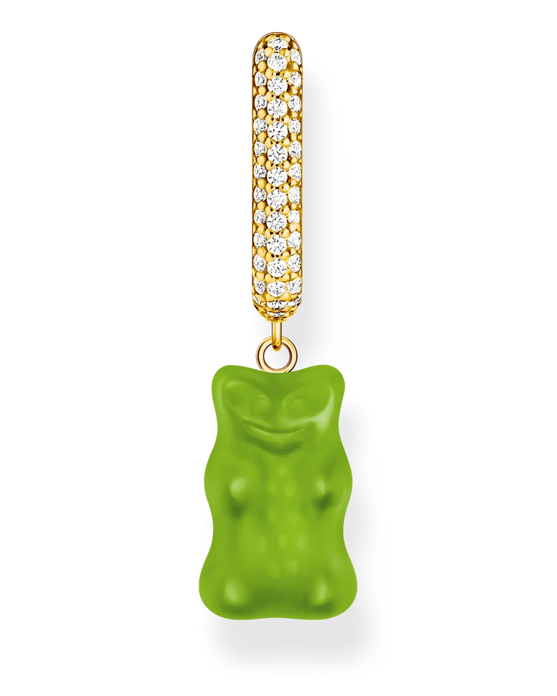 Thomas Sabo Damen Einzel-Creole mit grünem Goldbären-Anhänger in Midiversion und Steinen vergoldet, Sterlingsilber Gelbgold vergoldet Gelbgoldfarben