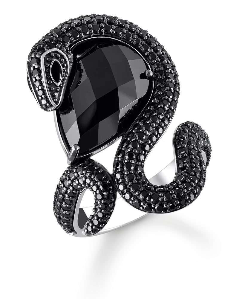 Thomas Sabo Damen Ring Schlange mit großem schwarzen Stein Silber geschwärzt, Sterlingsilber Schwarz