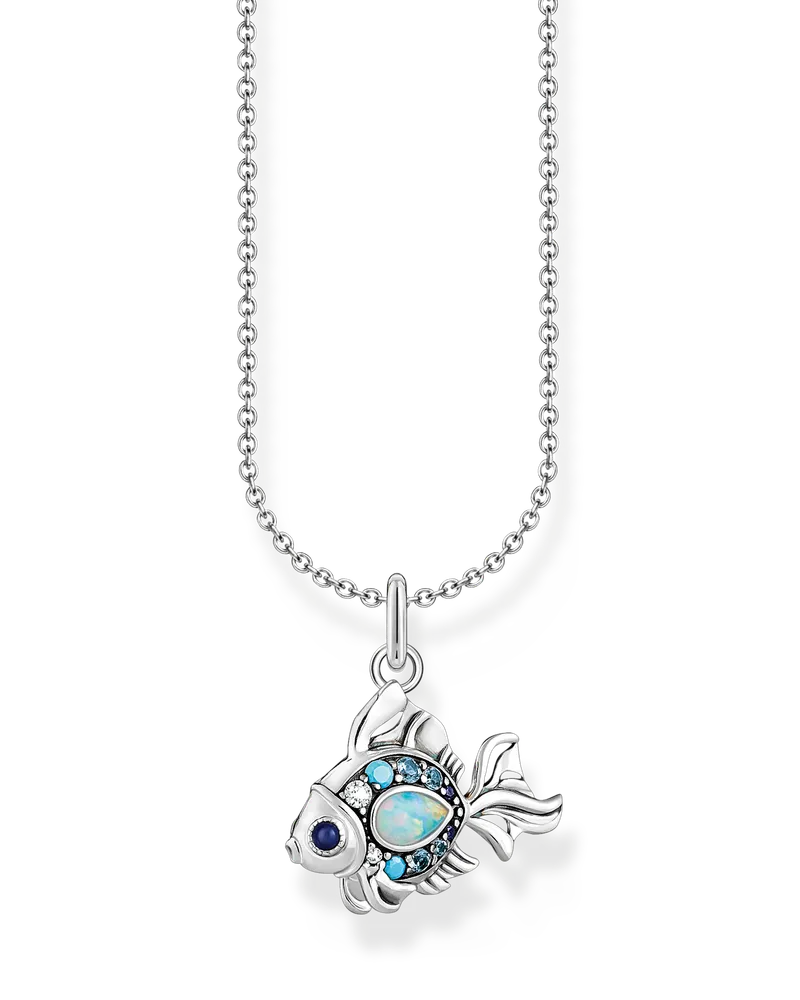 Thomas Sabo Damen Kette mit Fisch-Anhänger Silber, 925 Sterlingsilber geschwärzt/ Glas-Keramik Stein/ Zirkonia, Charming Collection Dunkelblau