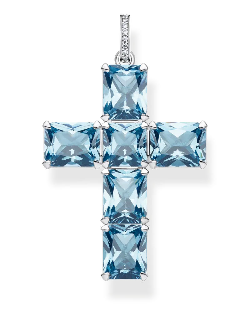 Thomas Sabo Damen Anhänger Kreuz mit aqua und weißen Steinen Silber, Sterlingsilber Hellblau