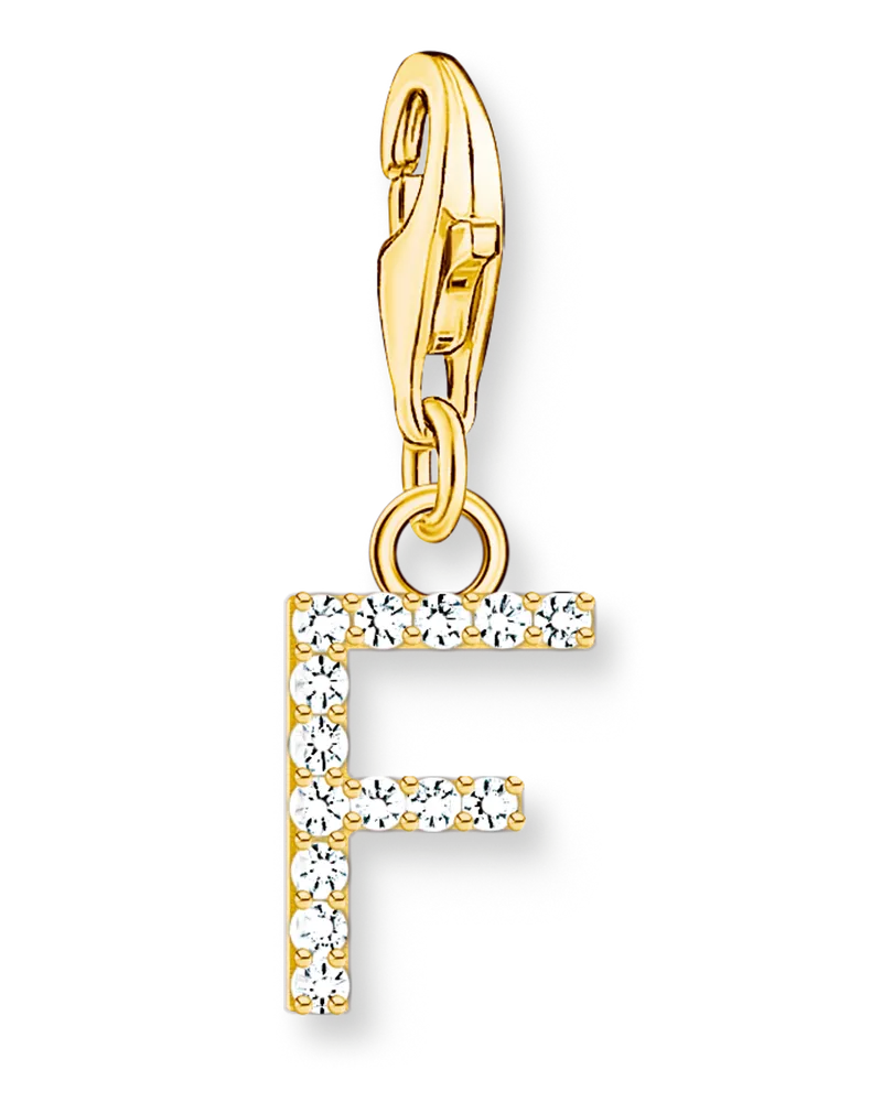 Thomas Sabo Damen Charm-Anhänger Buchstabe F mit weißen Steinen vergoldet, Sterlingsilber Gelbgold vergoldet, Charm Club Collection Gelbgoldfarben