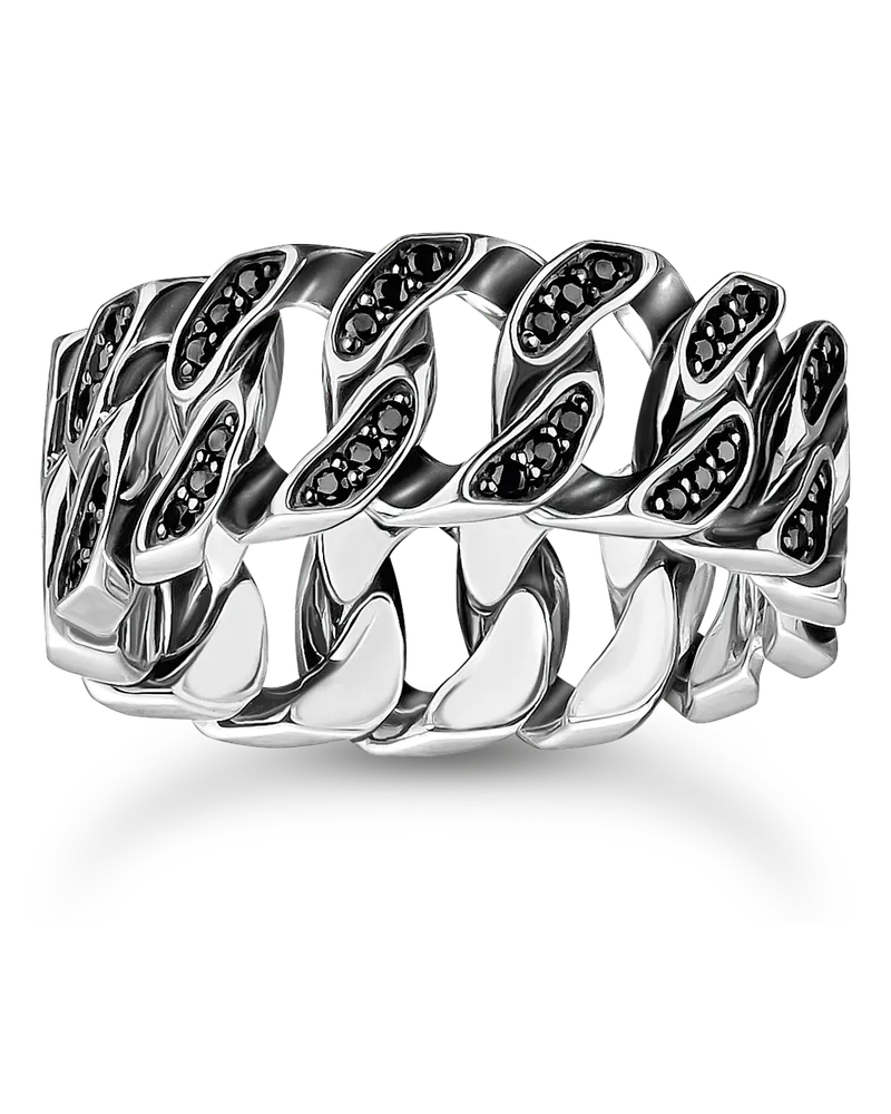 Thomas Sabo Herren Ring Kettenglieder schwarze Steine breit Silber, Sterlingsilber Schwarz