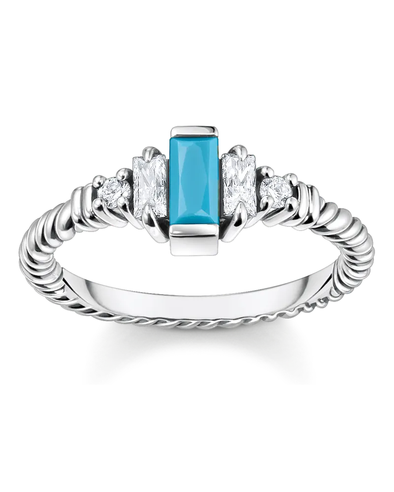 Thomas Sabo Damen Ring Kordel mit türkisen und weißen Steinen Silber, 925 Sterlingsilber geschwärzt/ Glas-Keramik Stein/ Zirkonia Silberfarben