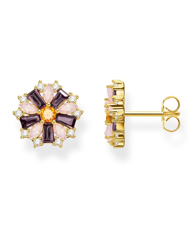 Thomas Sabo Damen Ohrstecker Blume farbige Steine gold, Sterlingsilber Gelbgold vergoldet Gelbgoldfarben
