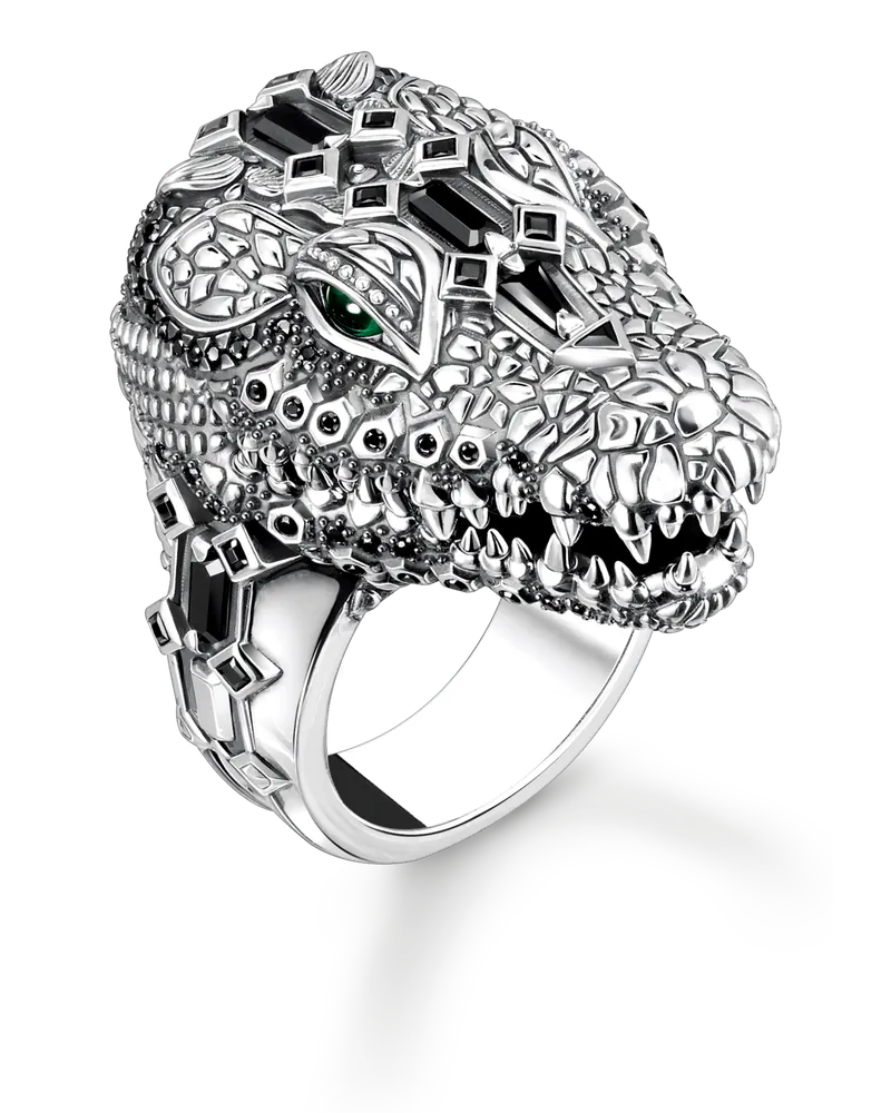Thomas Sabo Herren Ring Krokodilkopf mit schwarzen und grünen Steinen Silber geschwärzt, 925 Sterlingsilber geschwärzt/ Glas-Keramik Stein/ Zirkonia Grün