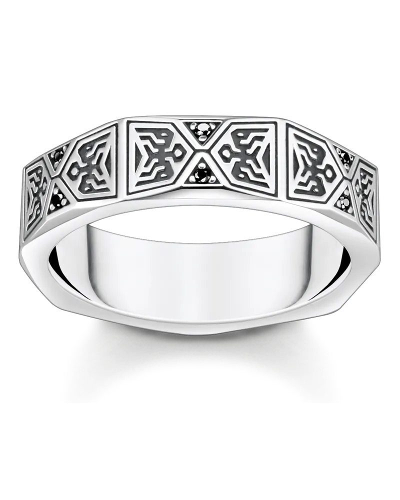 Thomas Sabo Herren Ring facettiertes Design mit schwarzen Steinen Silber, Sterlingsilber Schwarz