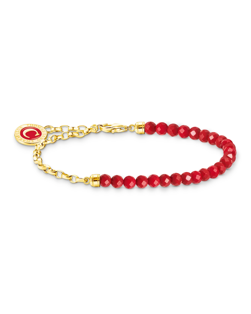 Thomas Sabo Damen Charm-Armband rote Beads und Gliederelemente vergoldet, Sterlingsilber Gelbgold vergoldet, Charm Club Collection Gelbgoldfarben