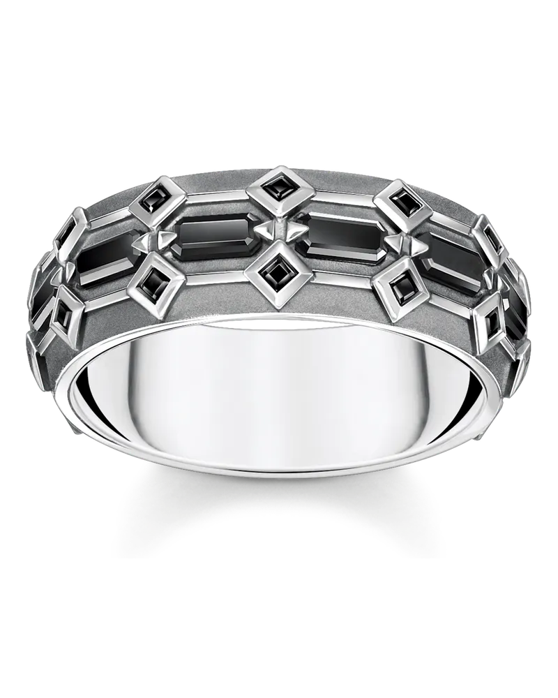 Thomas Sabo Herren Ring breit Krokodilpanzer mit schwarzen Steinen Silber geschwärzt, Sterlingsilber Schwarz
