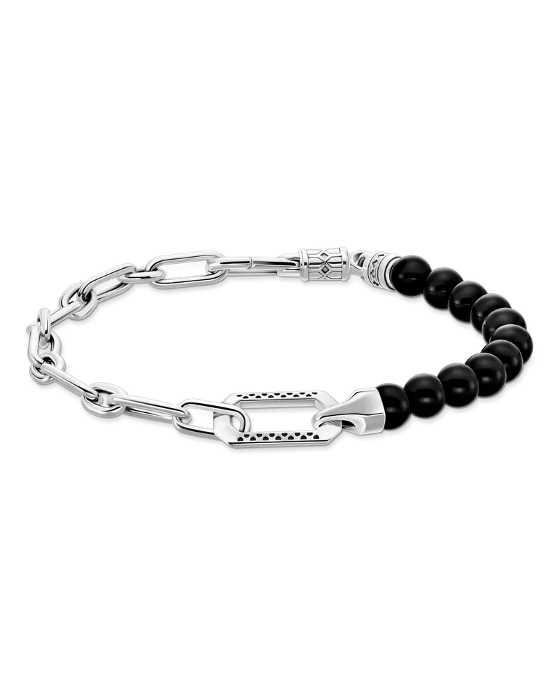 Thomas Sabo Herren Armband mit schwarzen Onyx-Beads und Kettengliedern Silber, 925 Sterlingsilber geschwärzt/ Achat Schwarz