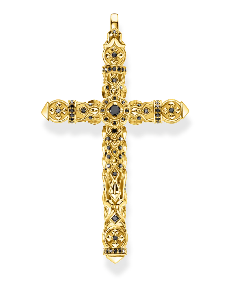 Thomas Sabo Herren Anhänger Kreuz schwarze Steine gold, Sterlingsilber Gelbgold vergoldet Gelbgoldfarben