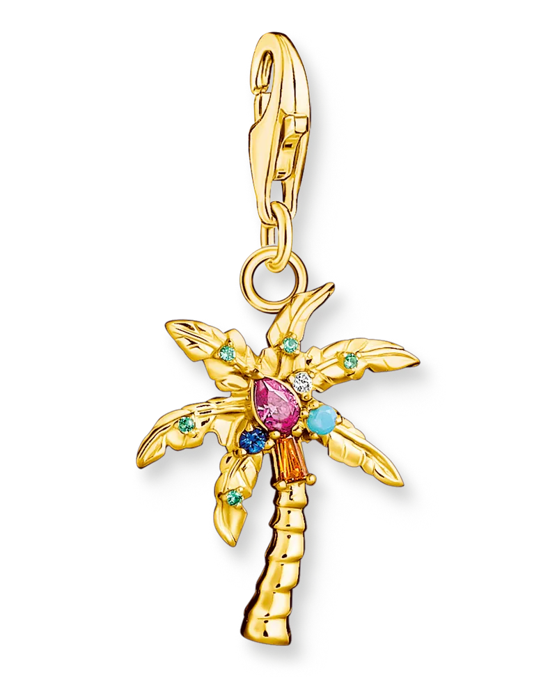 Thomas Sabo Damen Charm-Anhänger bunte Palme vergoldet, 925 Sterlingsilber vergoldet Gelbgold/ Glas-Keramik Stein/ synthetischer Korund/ Zirkonia, Charm Club Collection Blau