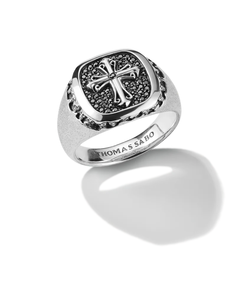 Thomas Sabo Herren Siegelring mit Kreuz Schwarzer Zirkonia Rebel Icons Silber, Sterlingsilber Schwarz
