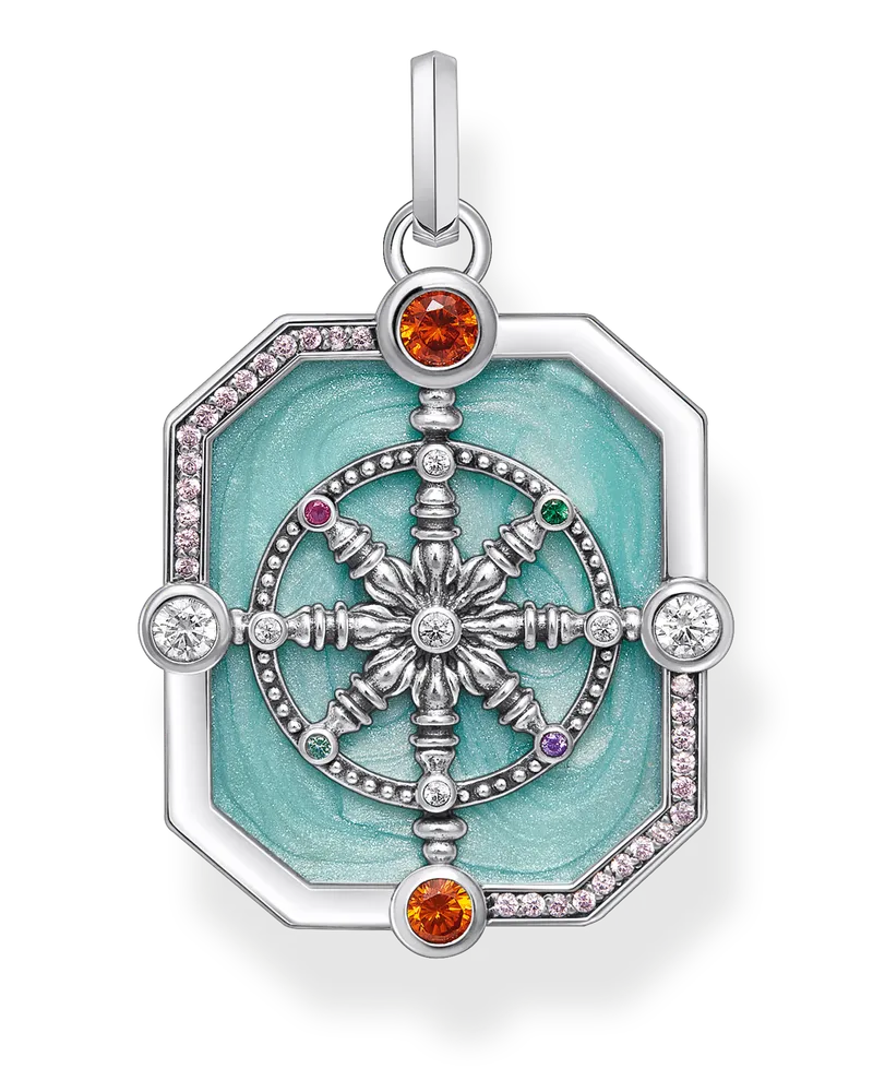 Thomas Sabo Damen Kettenanhänger Wheel of Karma türkis mit bunten Steinen Silber, 925 Sterlingsilber geschwärzt/ Glas-Keramik Stein/ Kaltemail/ synthetischer Korund/ Zirkonia Blau