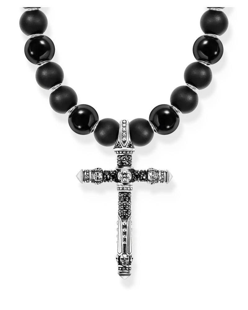 Thomas Sabo Herren Kette aus schwarzen Beads mit Kreuzanhänger Silber geschwärzt, Sterlingsilber Schwarz