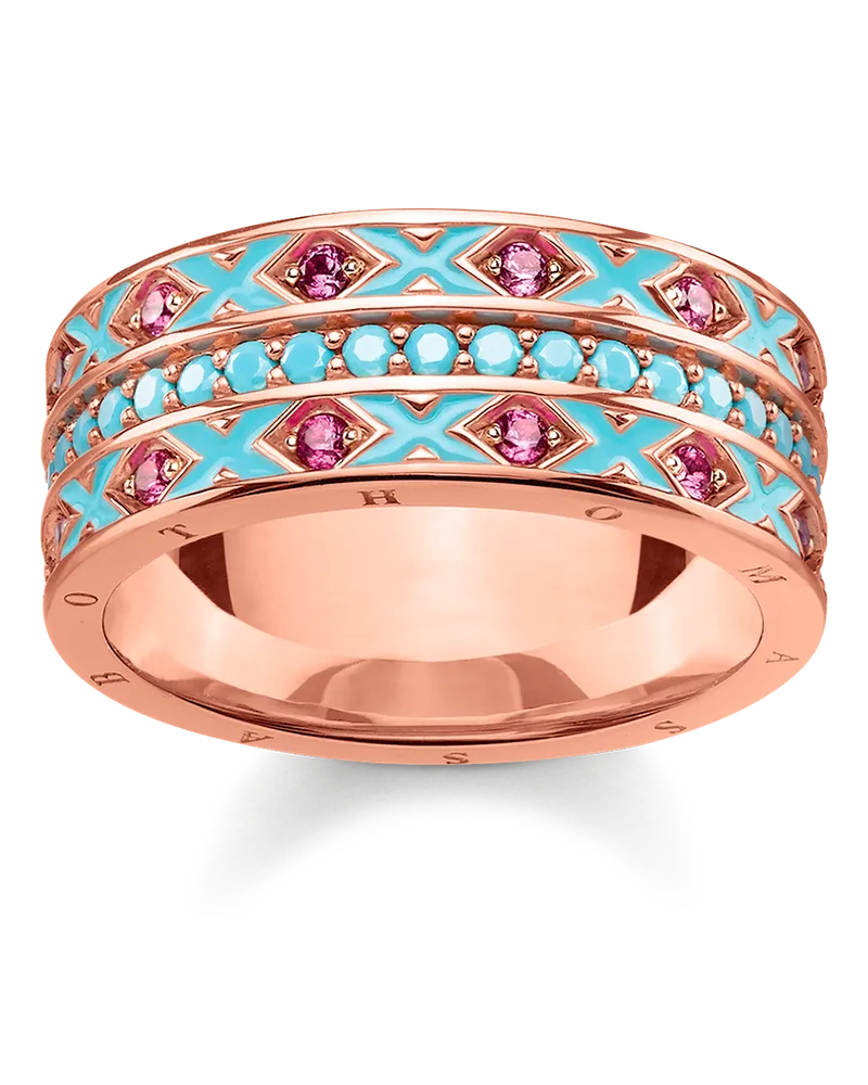 Thomas Sabo Damen Ring asiatische Ornamente, 925 Sterlingsilber vergoldet Roségold/ Glas-Keramik Stein/ Kaltemail/ synthetischer Korund Roségoldfarben