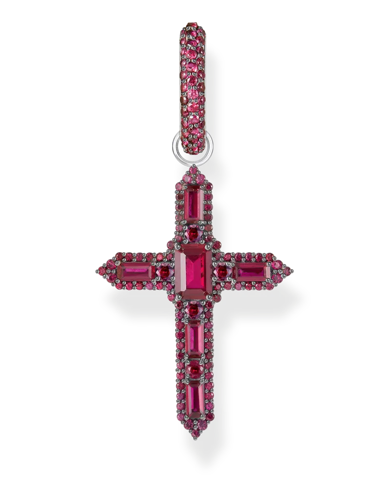 Thomas Sabo Damen Einzel-Creole mit Kreuzanhänger und rubinroten Steinen Silber geschwärzt, Sterlingsilber Silberfarben