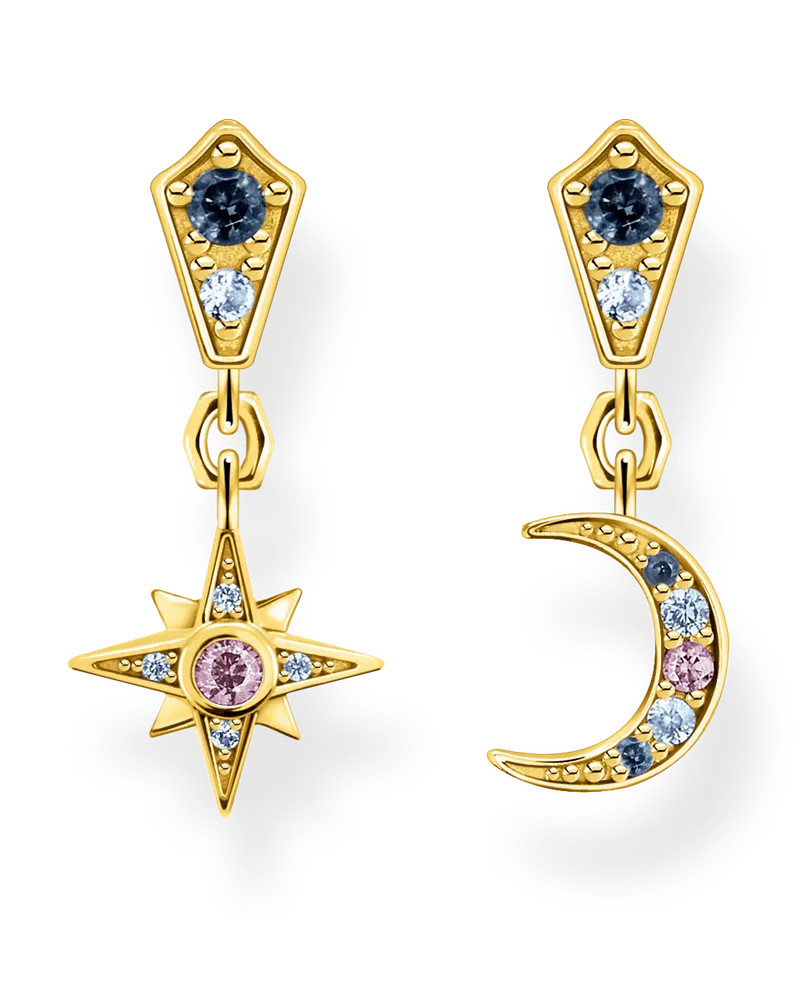 Thomas Sabo Damen Ohrringe Royalty Stern & Mond gold, 925 Sterlingsilber, vergoldet Gelbgold/ Glas-Keramik Stein Dunkelblau