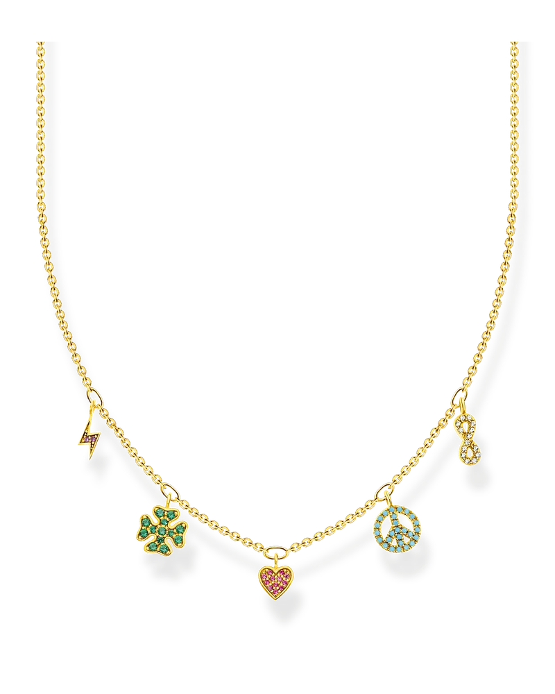 Thomas Sabo Damen Kette mit Symbole bunt gold, 925 Sterlingsilber vergoldet Gelbgold/ Glas-Keramik Stein/ synthetischer Korund/ Zirkonia, Charming Collection Gelbgoldfarben