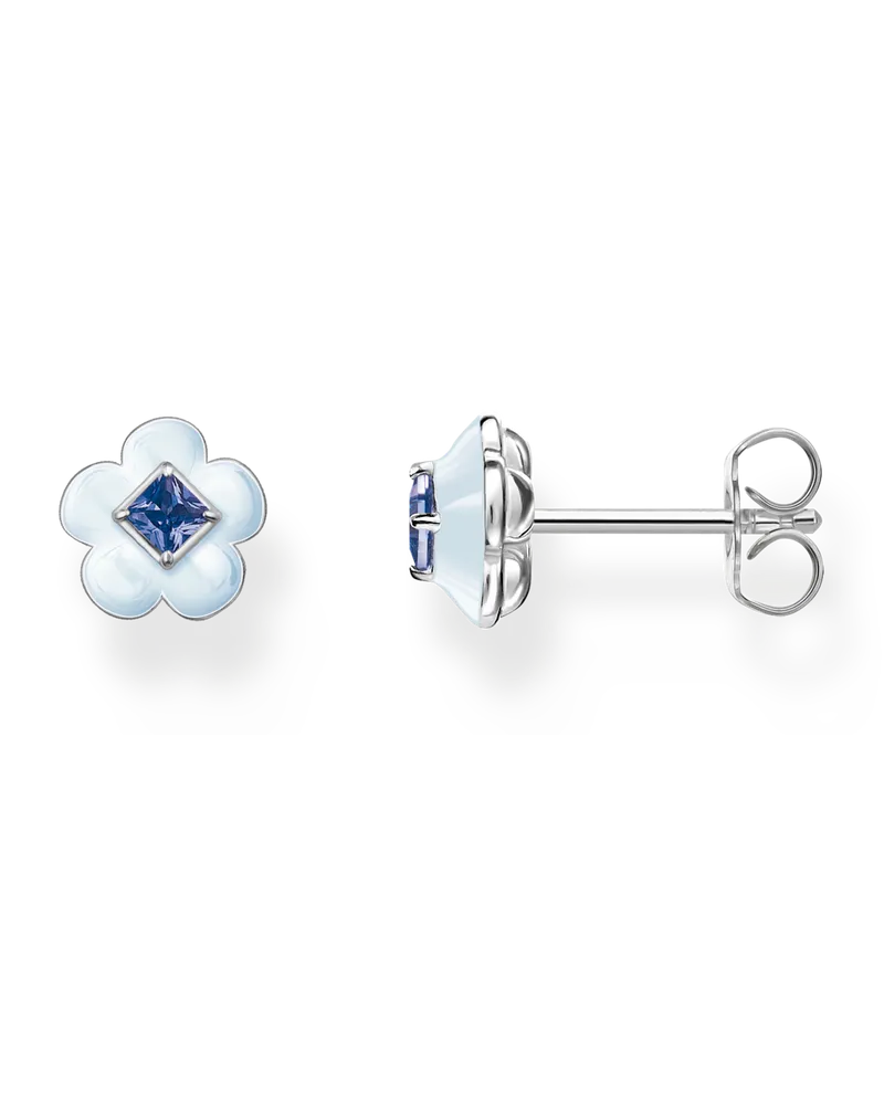 Thomas Sabo Damen Ohrstecker Blume mit blauem Stein Silber, 925 Sterlingsilber/ Kaltemail/ Glas-Keramik Stein, Charming Collection Dunkelblau