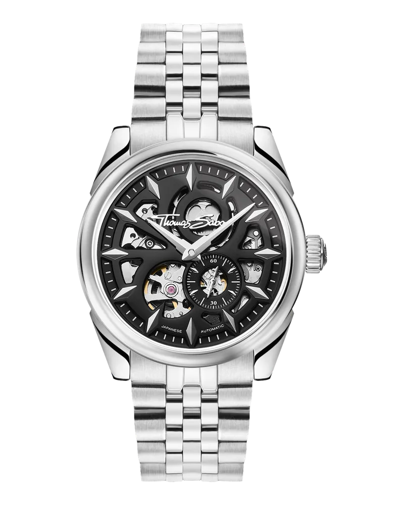 Thomas Sabo Herren Automatikuhr mit und schwarzem Zifferblatt silberfarben, Edelstahl Schwarz