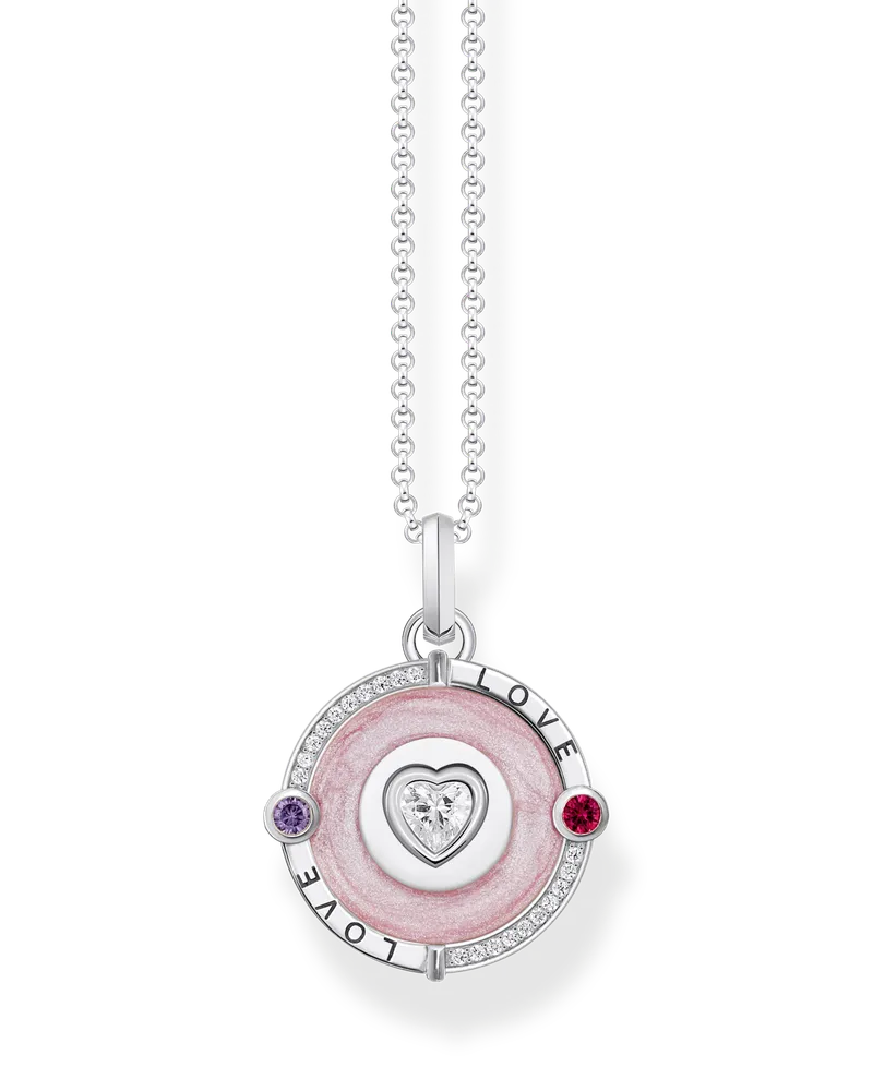 Thomas Sabo Damen Kette mit Anhänger rosa und herzförmigem Stein Silber, 925 Sterlingsilber geschwärzt/ Kaltemail/ synthetischer Korund/ Zirkonia Pink