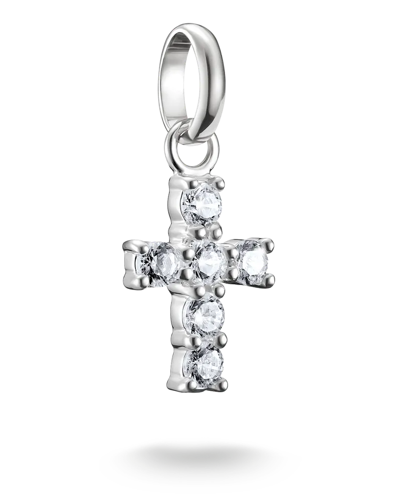 Thomas Sabo Damen Charm-Anhänger Kreuz mit weißen Steinen Connect Silber, Sterlingsilber Silberfarben