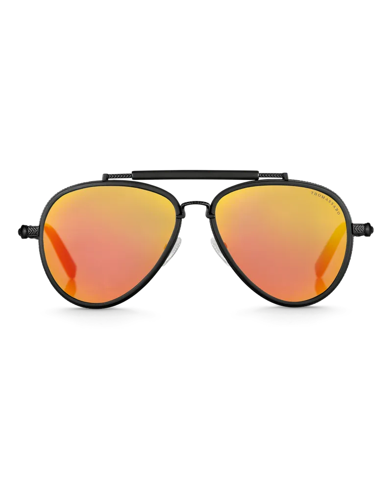 Thomas Sabo Herren Sonnenbrille HARRISON Pilotenform orange verspiegelt schwarz, Sterlingsilber | Leder Orange
