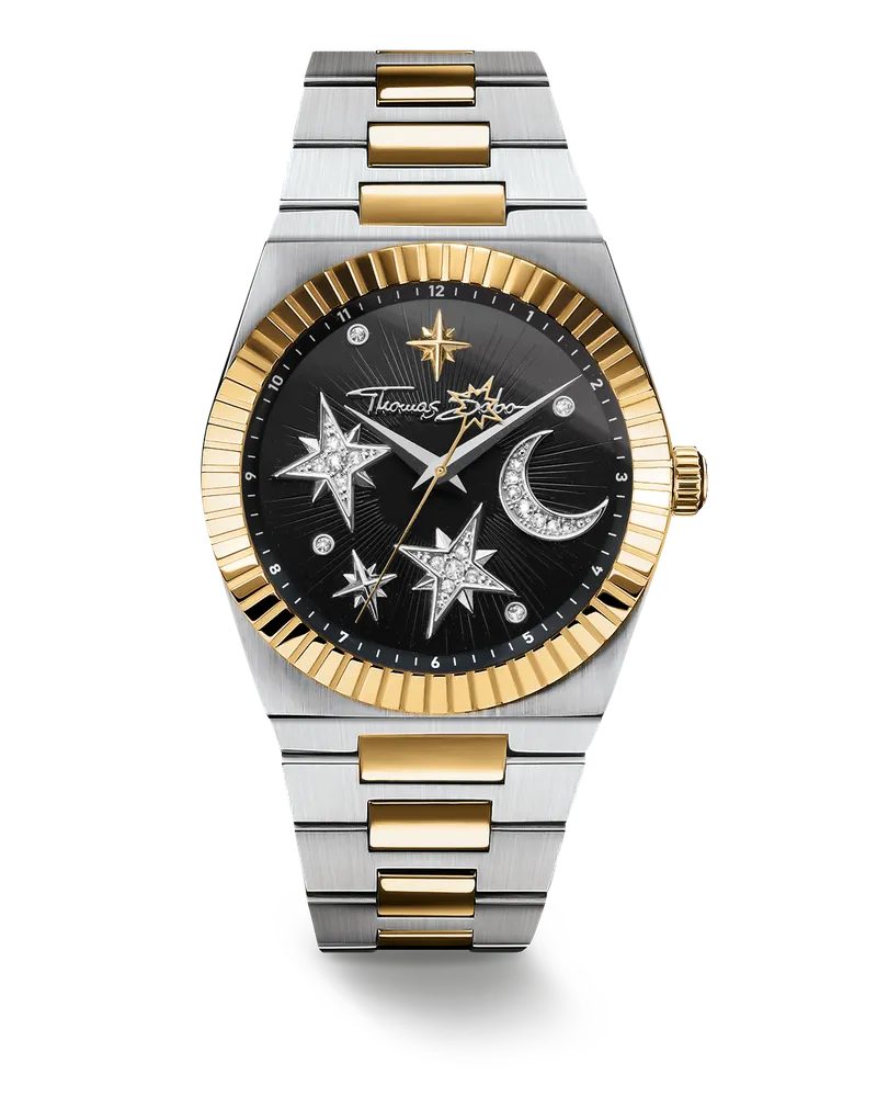 Thomas Sabo Damenuhr Mond und Sterne mit schwarzem Zifferblatt schwarz WA0465-291-203-39 MM Gelbgoldfarben