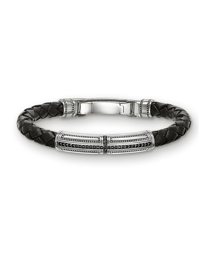 Thomas Sabo Herren Lederarmband Kreuz, Sterlingsilber Schwarz