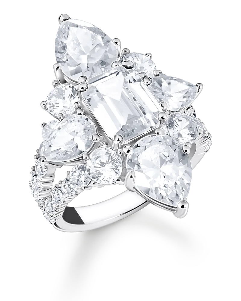 Thomas Sabo Damen Cocktailring mit weißen Steinen in drei Schliffarten Silber, Sterlingsilber Silberfarben