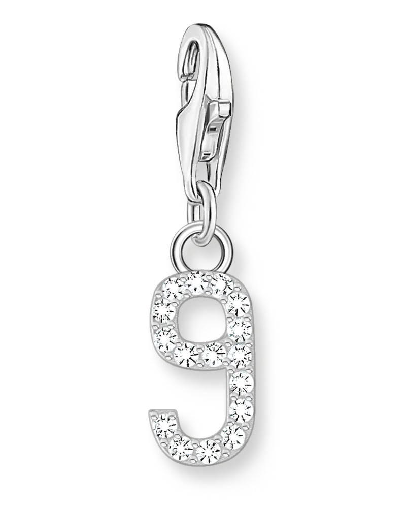 Thomas Sabo Damen Charm-Anhänger Zahl 9 mit weißen Steinen Silber, Sterlingsilber, Charm Club Collection Silberfarben