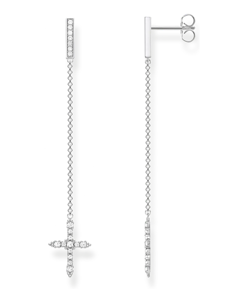 Thomas Sabo Damen Ohrring Kreuz mit weißen Steinen silber, Sterlingsilber Silberfarben