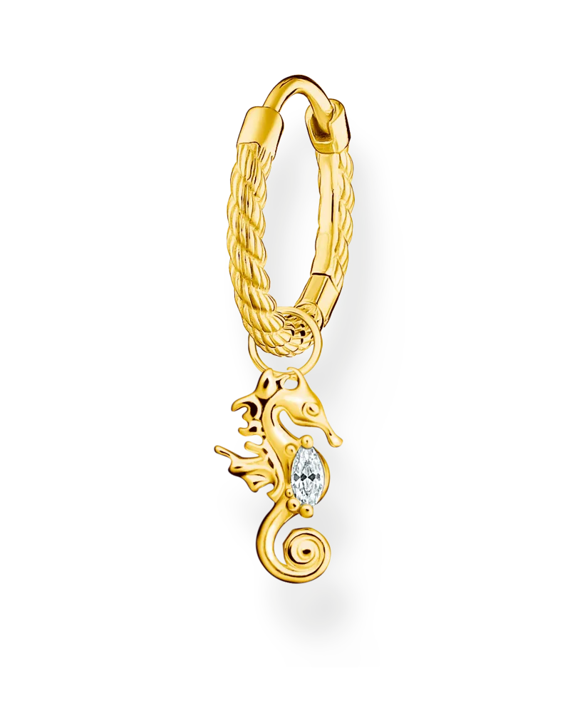 Thomas Sabo Damen Einzel Creole mit weißem Stein und Seepferdchen gold, Sterlingsilber Gelbgold vergoldet, Charming Collection Gelbgoldfarben