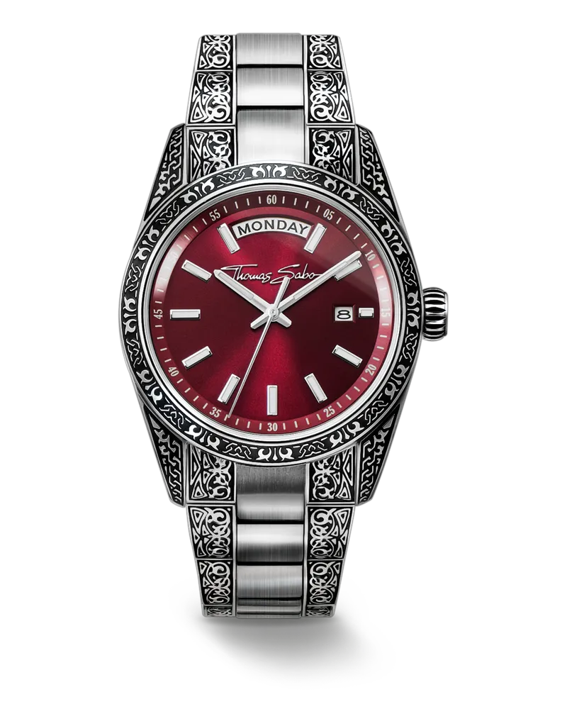 Thomas Sabo Herren Uhr Rebel at Heart Revive, 36mm, Edelstahl, Dunkelrot, Gravurdesign, Edelstahl Rot