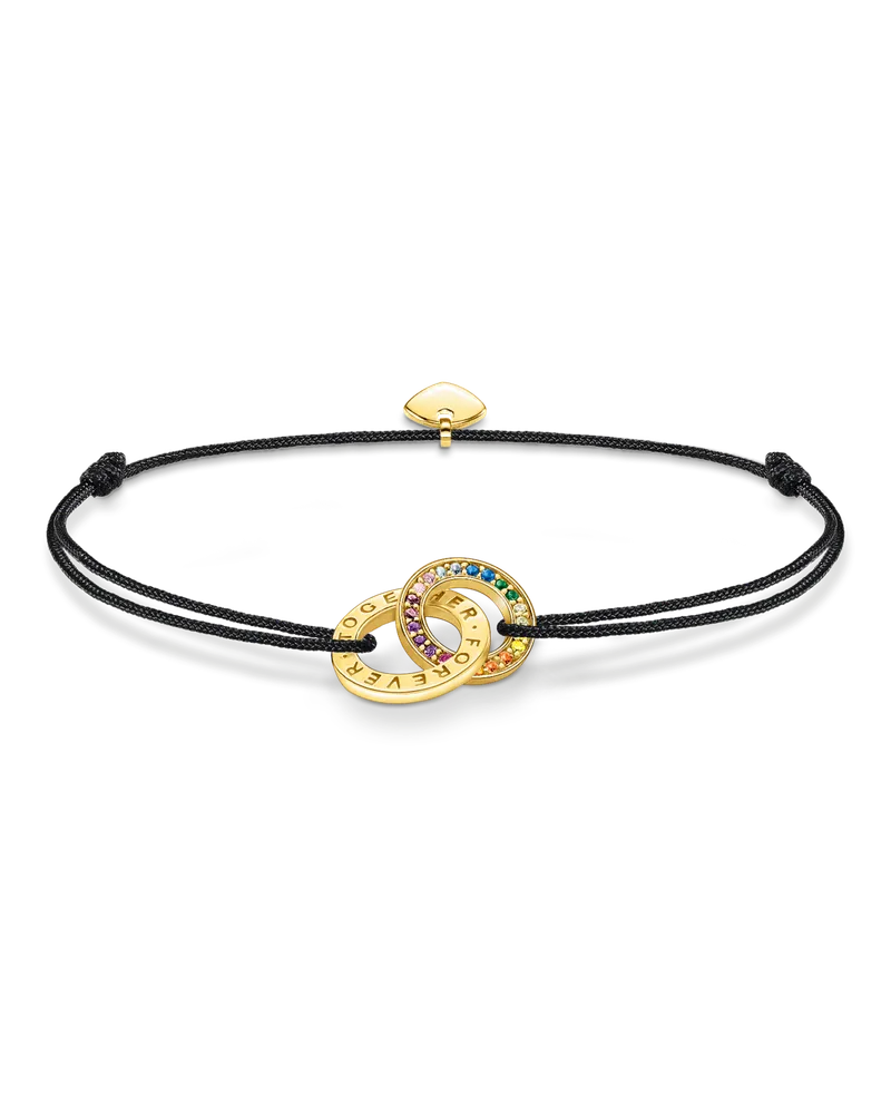 Thomas Sabo Damen Textilarmband schwarz mit zwei Ringen bunten Steinen vergoldet, Sterlingsilber Gelbgold vergoldet Blau