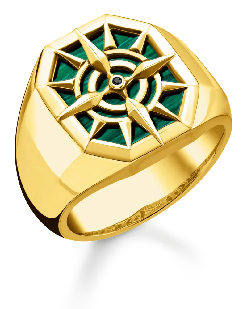 Thomas Sabo Herren Ring Kompass grün, 925 Sterlingsilber vergoldet Gelbgold/ imitierter Malachit Gelbgoldfarben