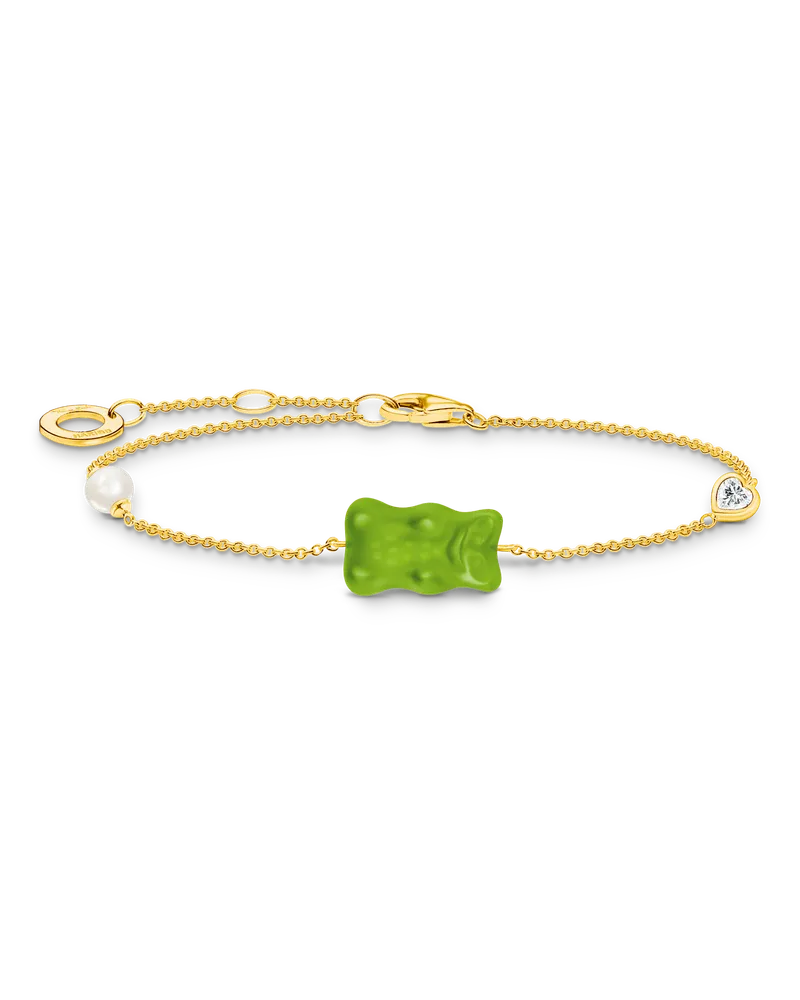 Thomas Sabo Damen Armband mit grünem Goldbären, Perle und Stein vergoldet, Sterlingsilber Gelbgold vergoldet Gelbgoldfarben