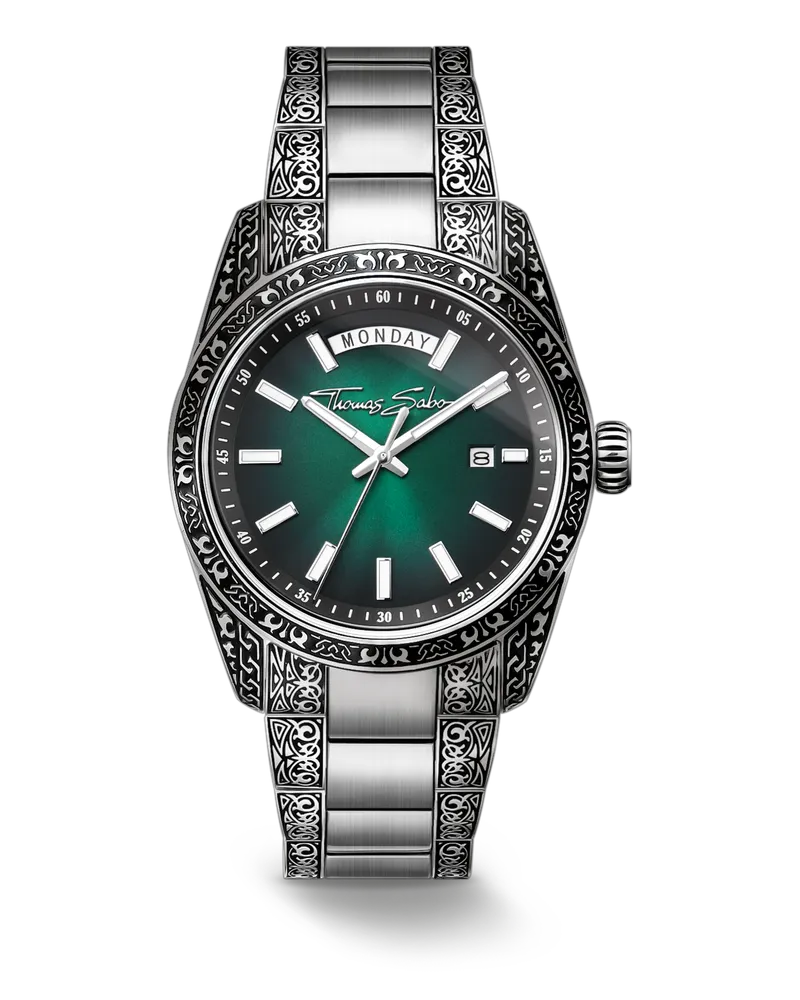 Thomas Sabo Herren Uhr Rebel at Heart Revive 40mm Edelstahl Rauchgrün, Gravur-Design, Edelstahl Grün