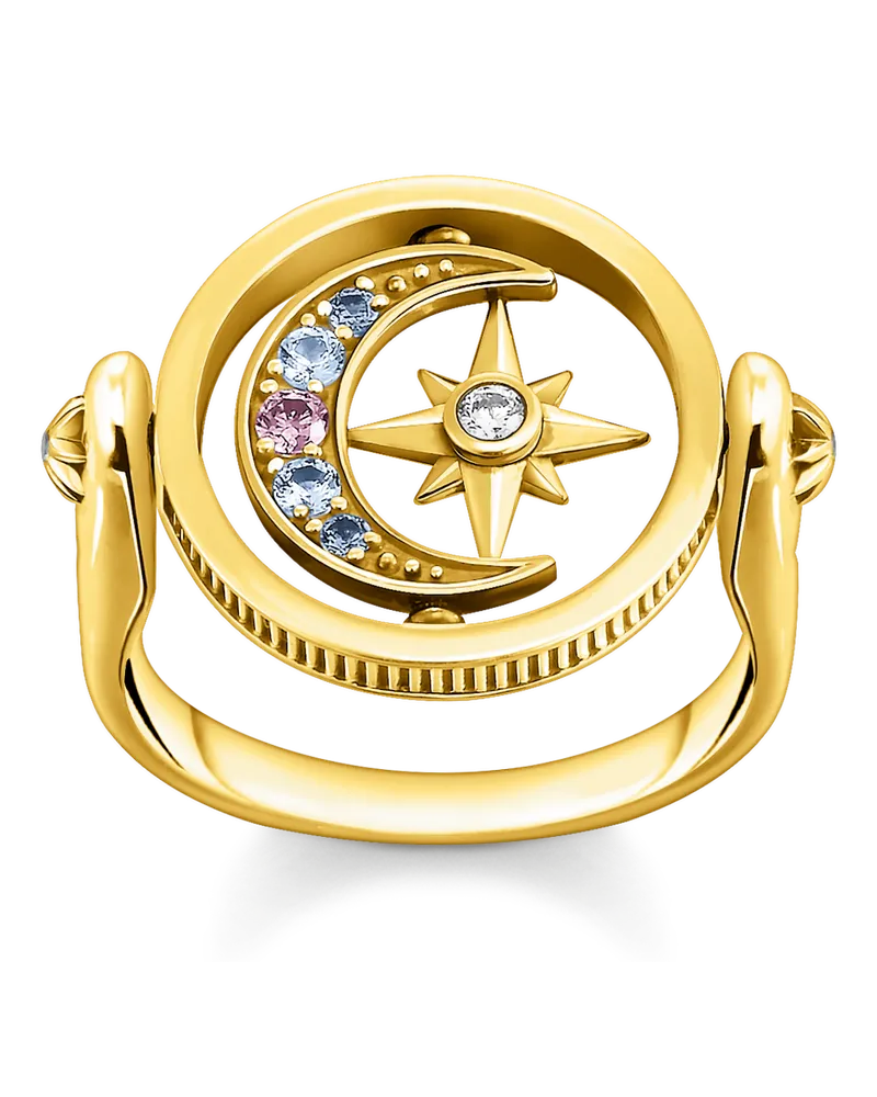 Thomas Sabo Damen Ring Royalty Stern & Mond gold, 925 Sterlingsilber, vergoldet Gelbgold/ Glas-Keramik Stein Dunkelblau